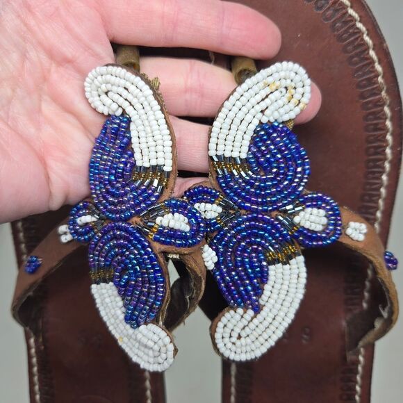 Leather Beaded BOHO Sandals Flip Flops Paisley Sz 39 Colorful Made In Africa - Picture 12 of 12
